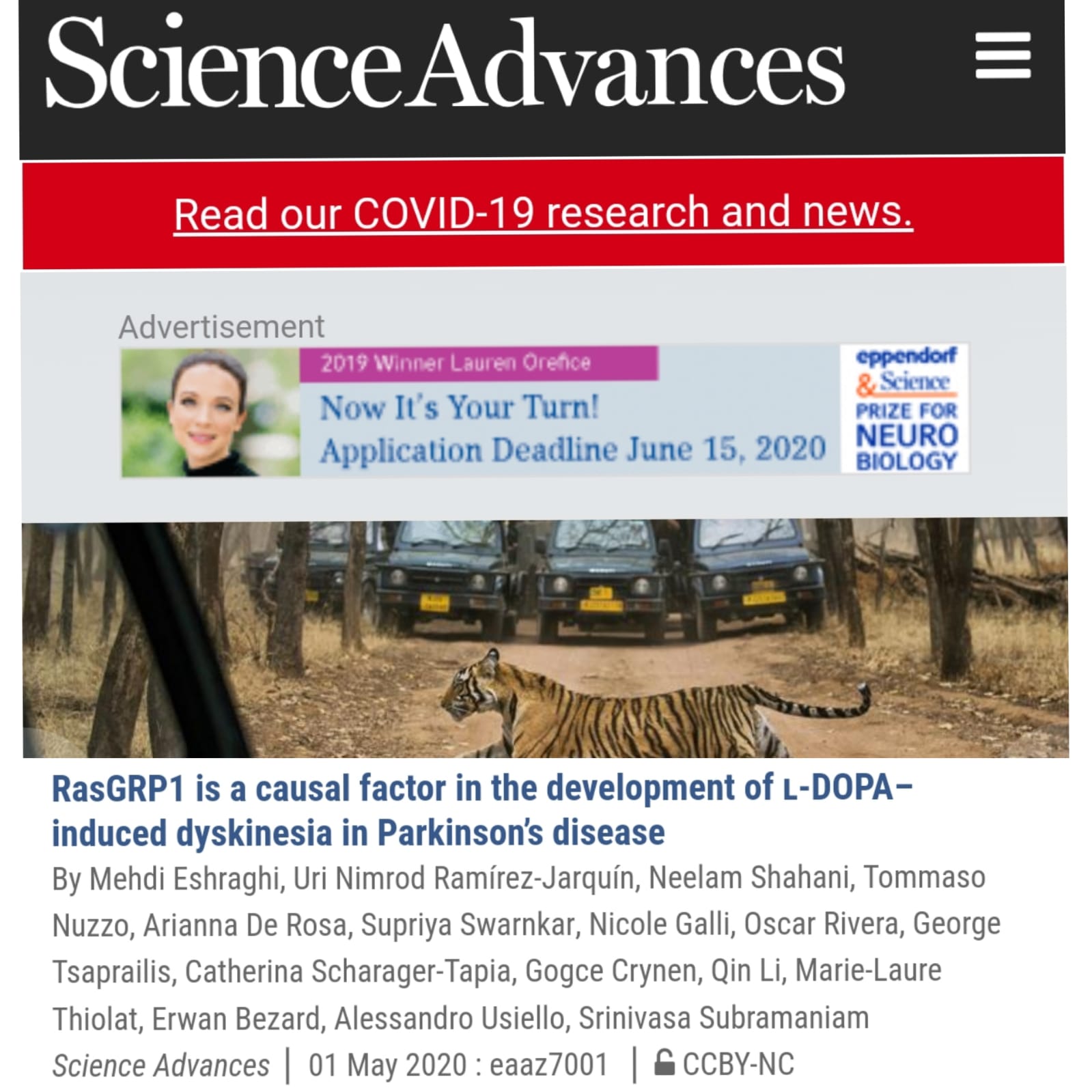 La copertina di Science Advances